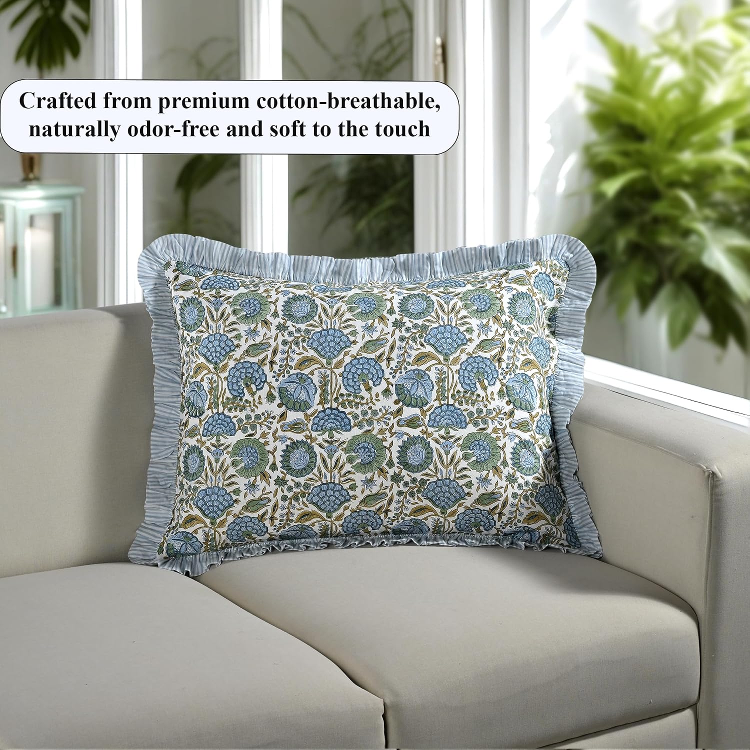 Asparagus Green Ruffled Block Print Standard Pillow Sham