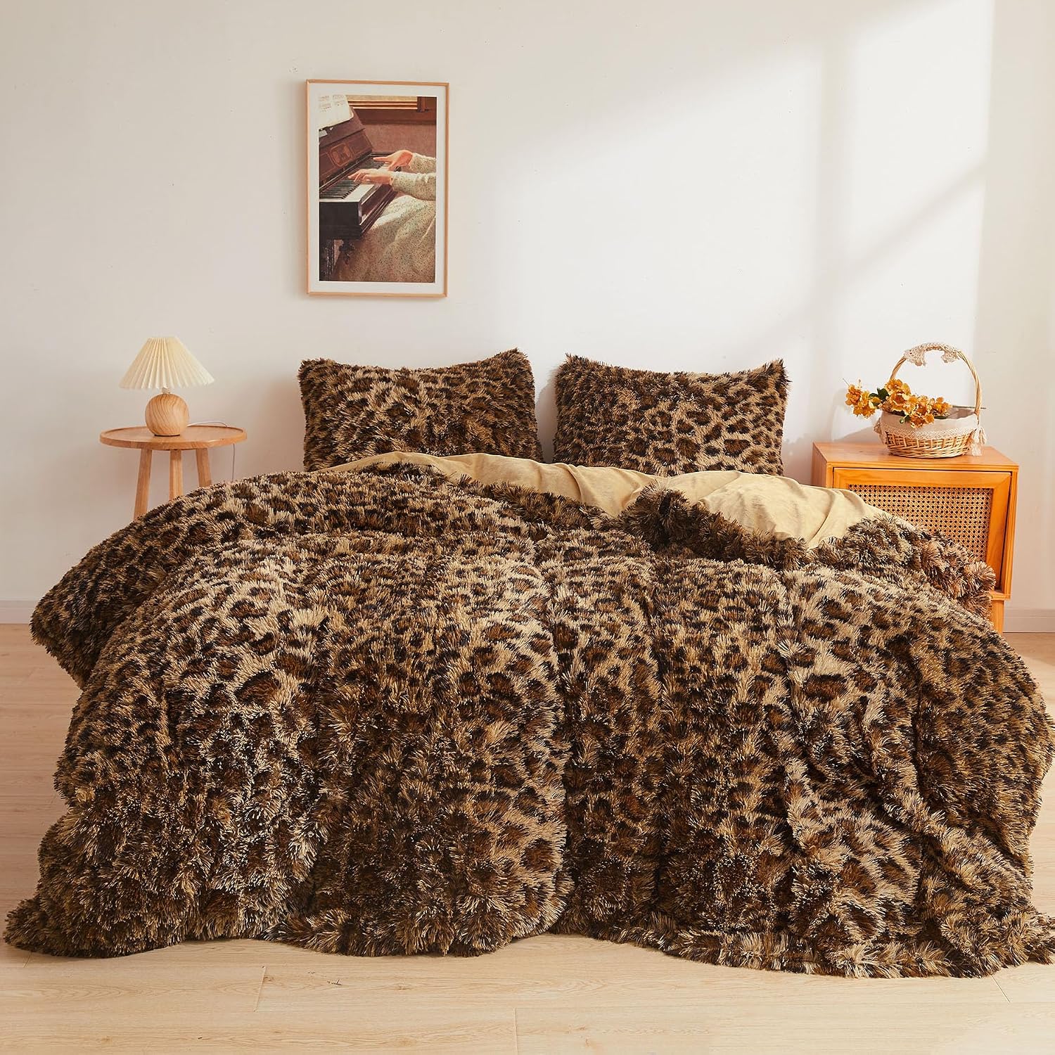 Brown Cheetah Faux Fur Queen Duvet Set