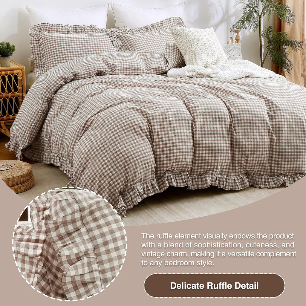 Tan Gingham Ruffle King Duvet Set