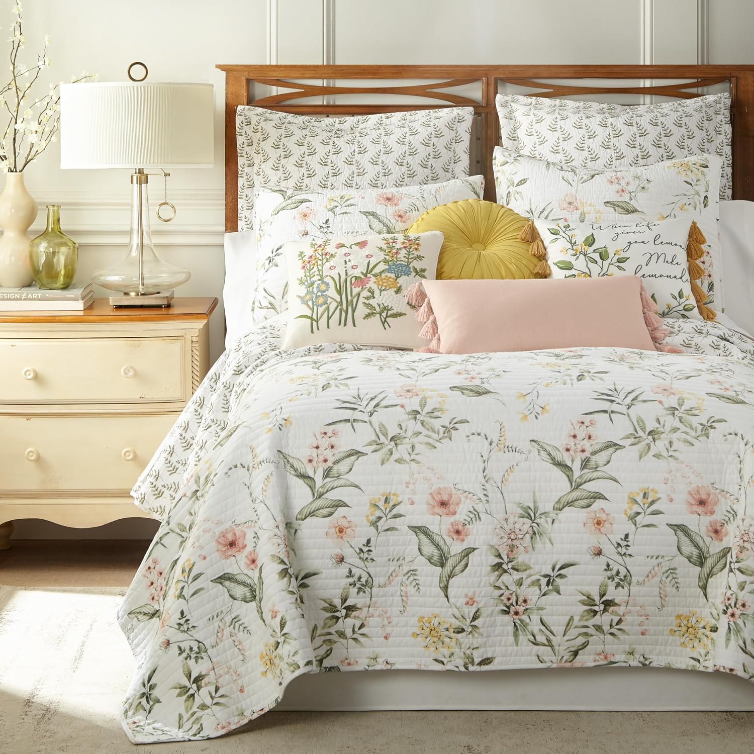 Blush Floral Cotton King Quilt Set