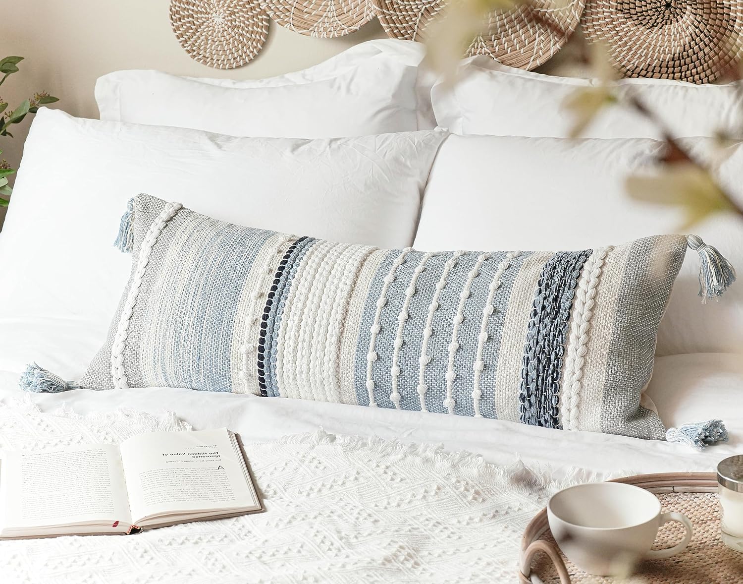 Coastal Blue Textured Boho Lumbar Pillow Cover 14x36