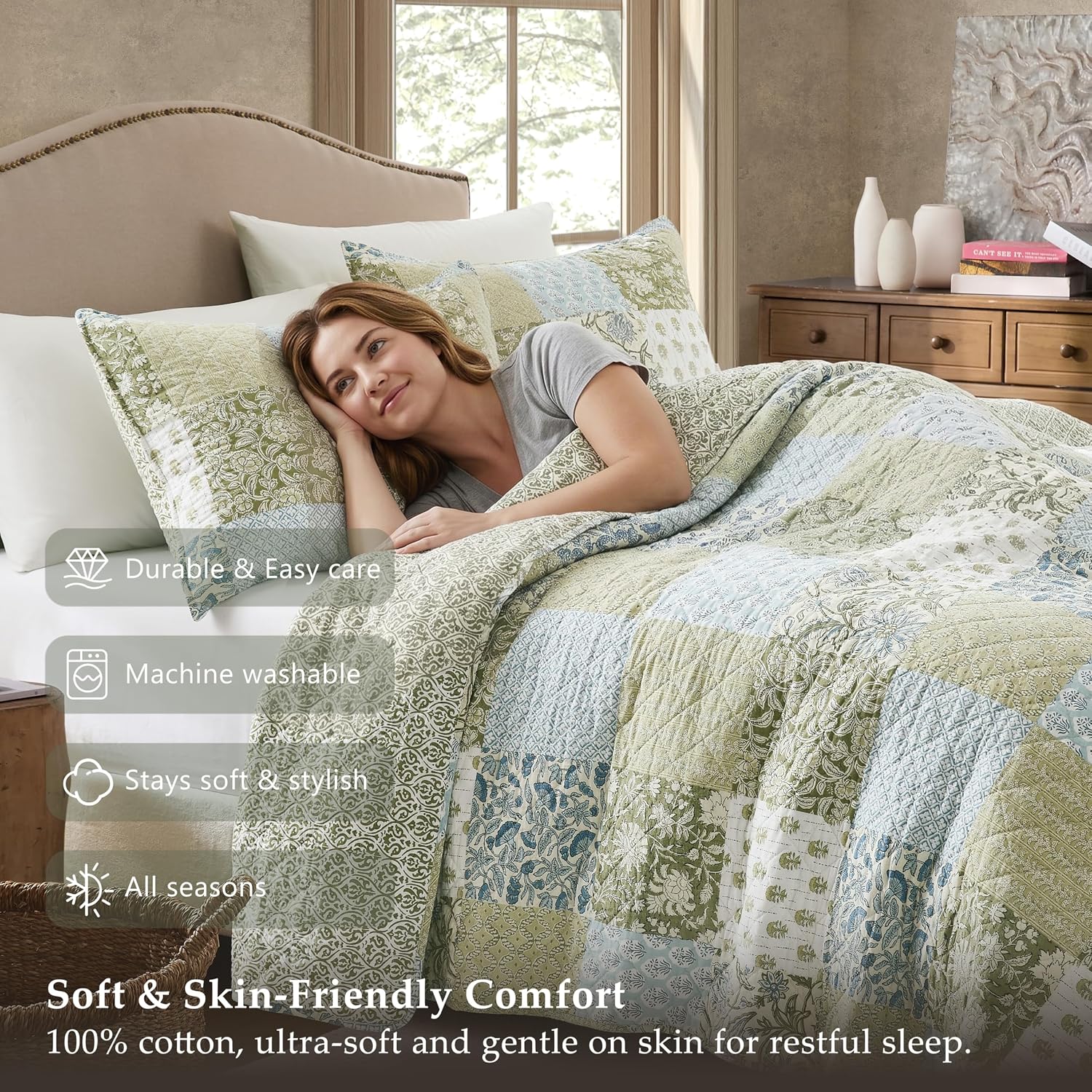 Green Floral Patchwork Queen Cotton Quilt Set