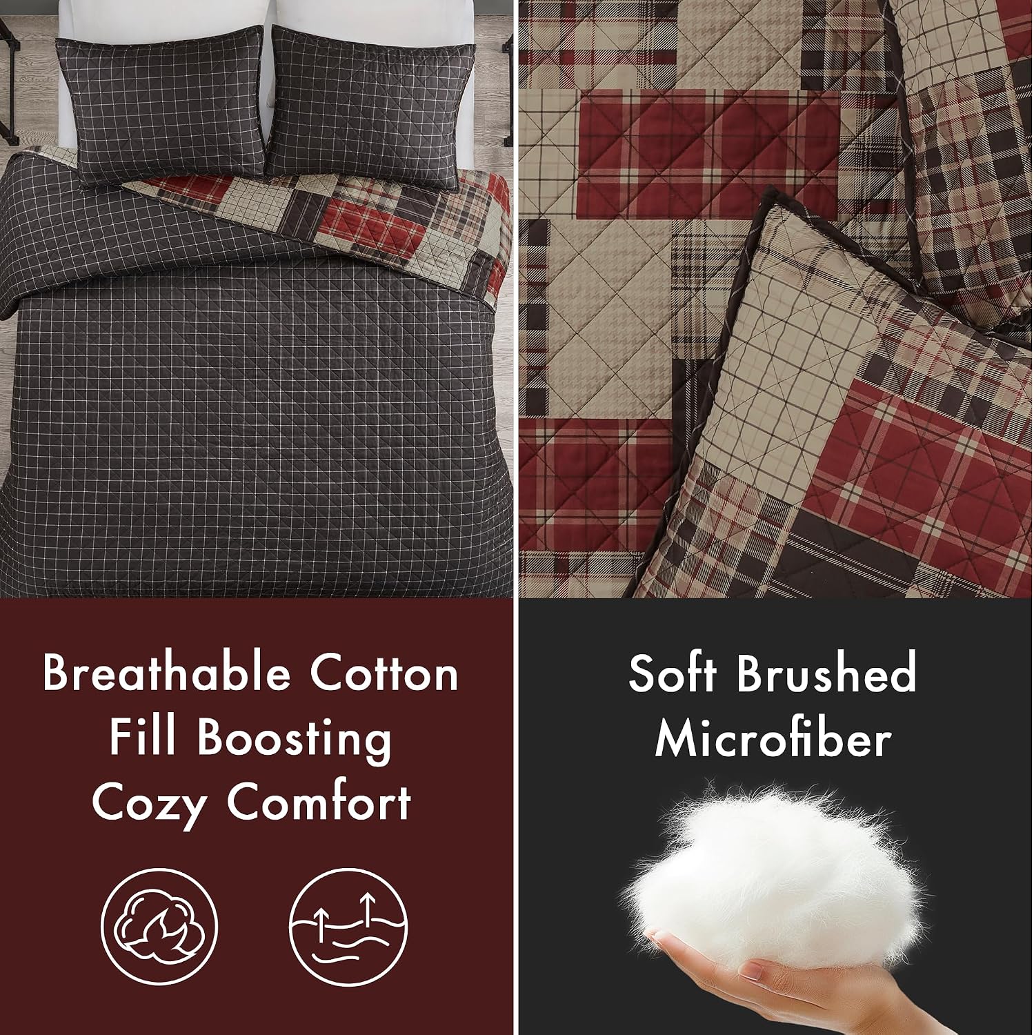 Red Black Patchwork Farmhouse Queen Quilt Set