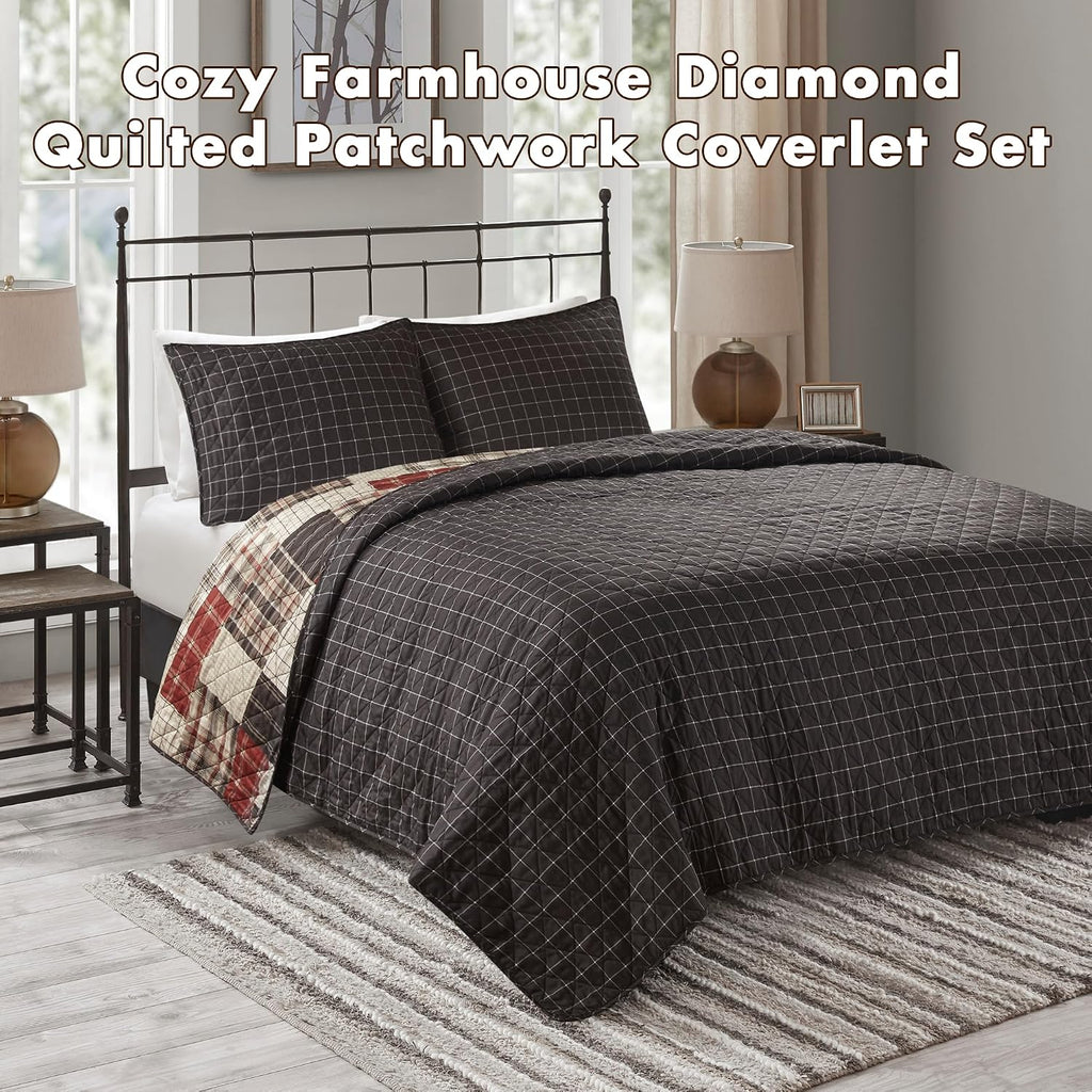 Red Black Patchwork Farmhouse Queen Quilt Set