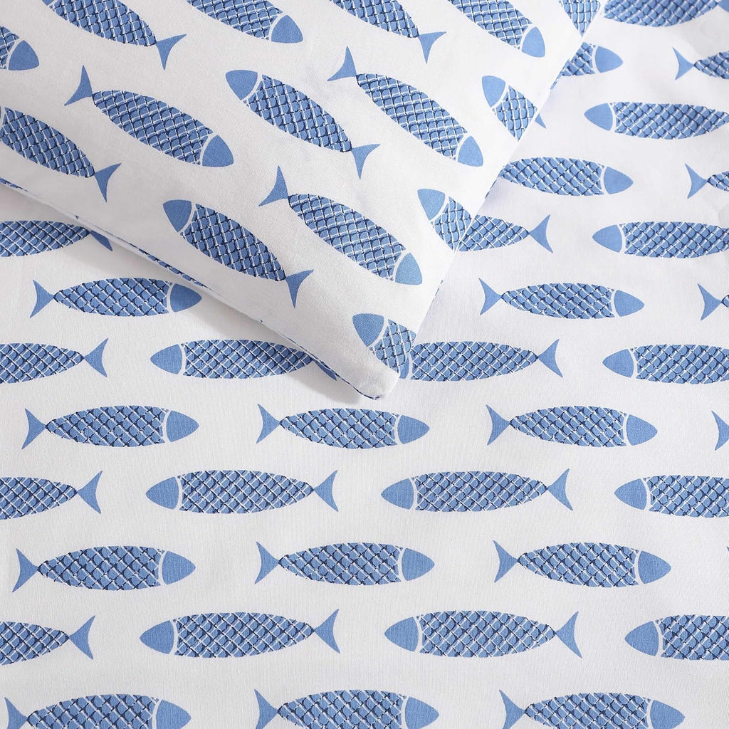 Blue Woodblock Fish Queen Duvet Set