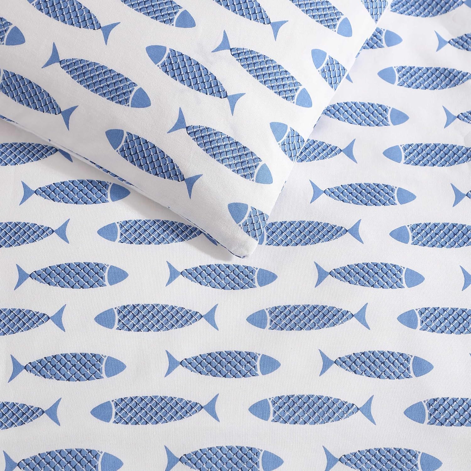 Blue Woodblock Fish Queen Duvet Set