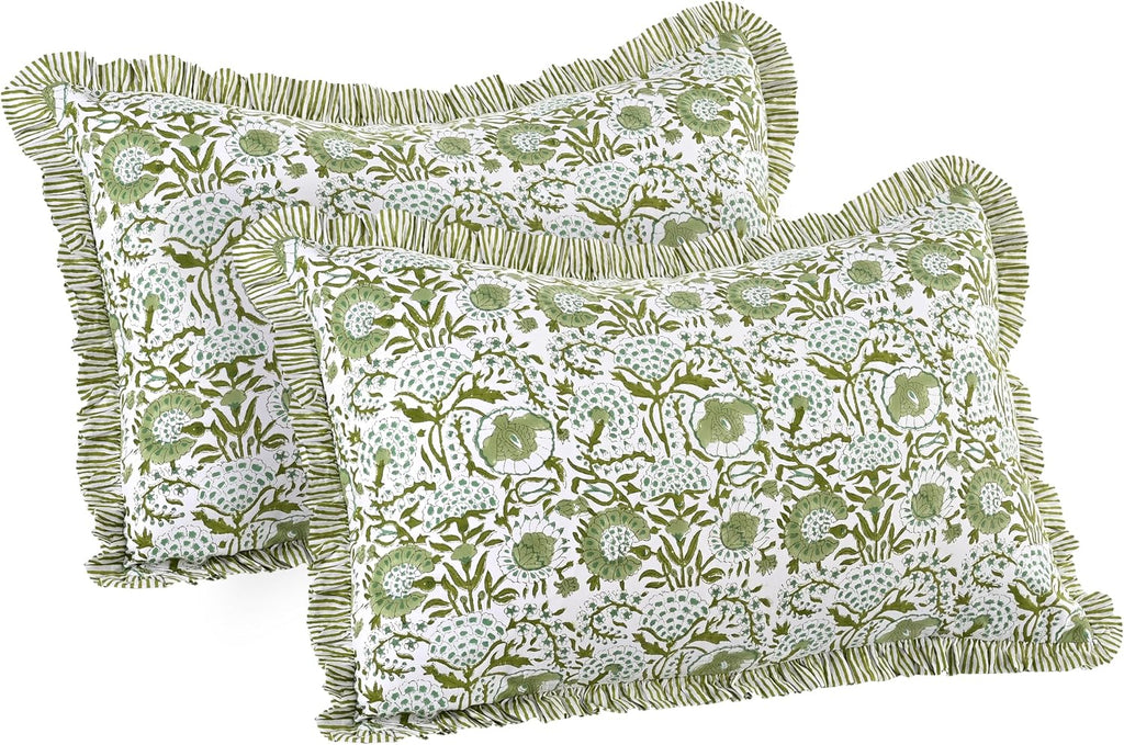Agate Green Ruffled Block Print Queen Pillow Shams Set of 2