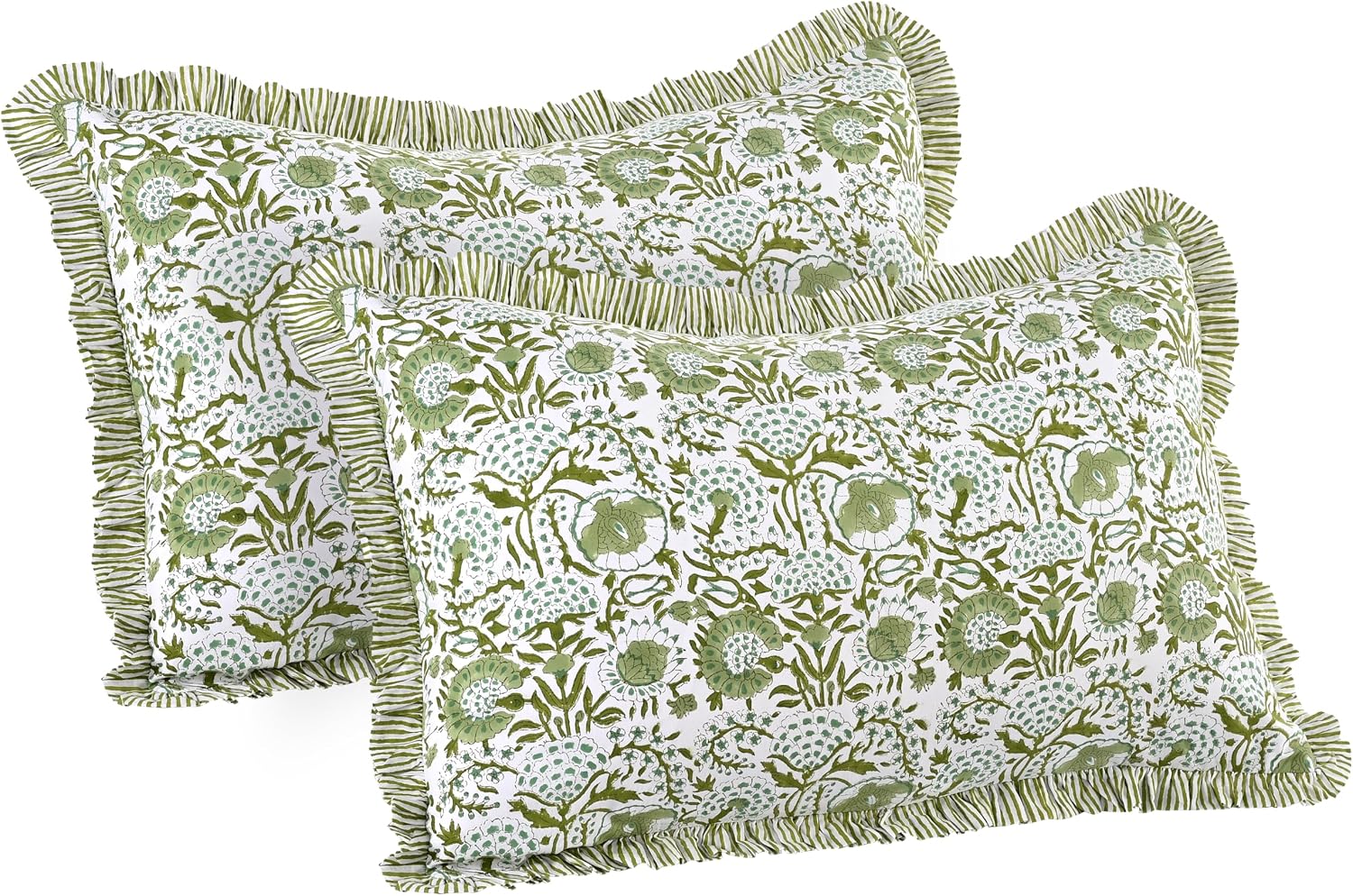 Agate Green Ruffled Block Print Queen Pillow Shams Set of 2