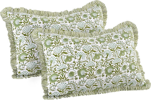 Agate Green Ruffled Block Print Queen Pillow Shams Set of 2