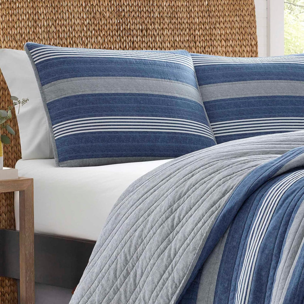 Blue Stripe Queen Reversible Quilt Set