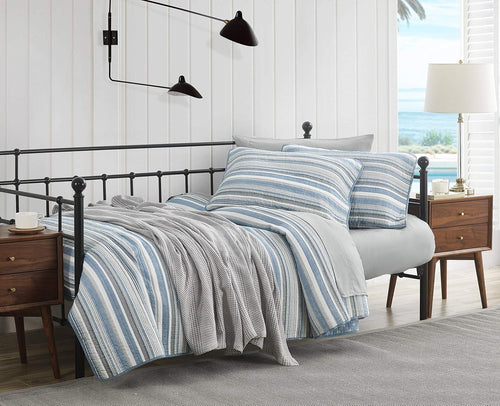 Blue Stripe Anchor Queen Cotton Quilt Set