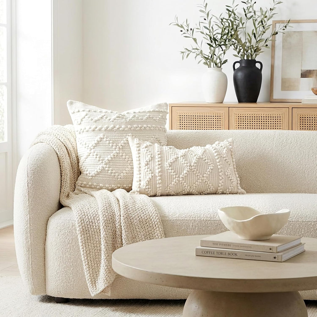White Textured Boho Lumbar Pillow Cover 14x24
