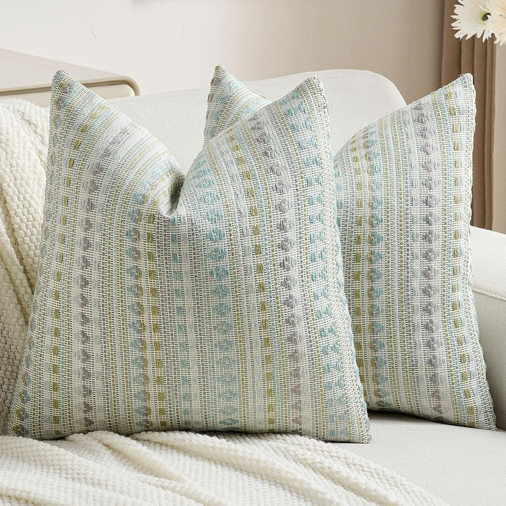 Green Blue Chenille Jacquard Euro Throw Pillow Covers Set of 2