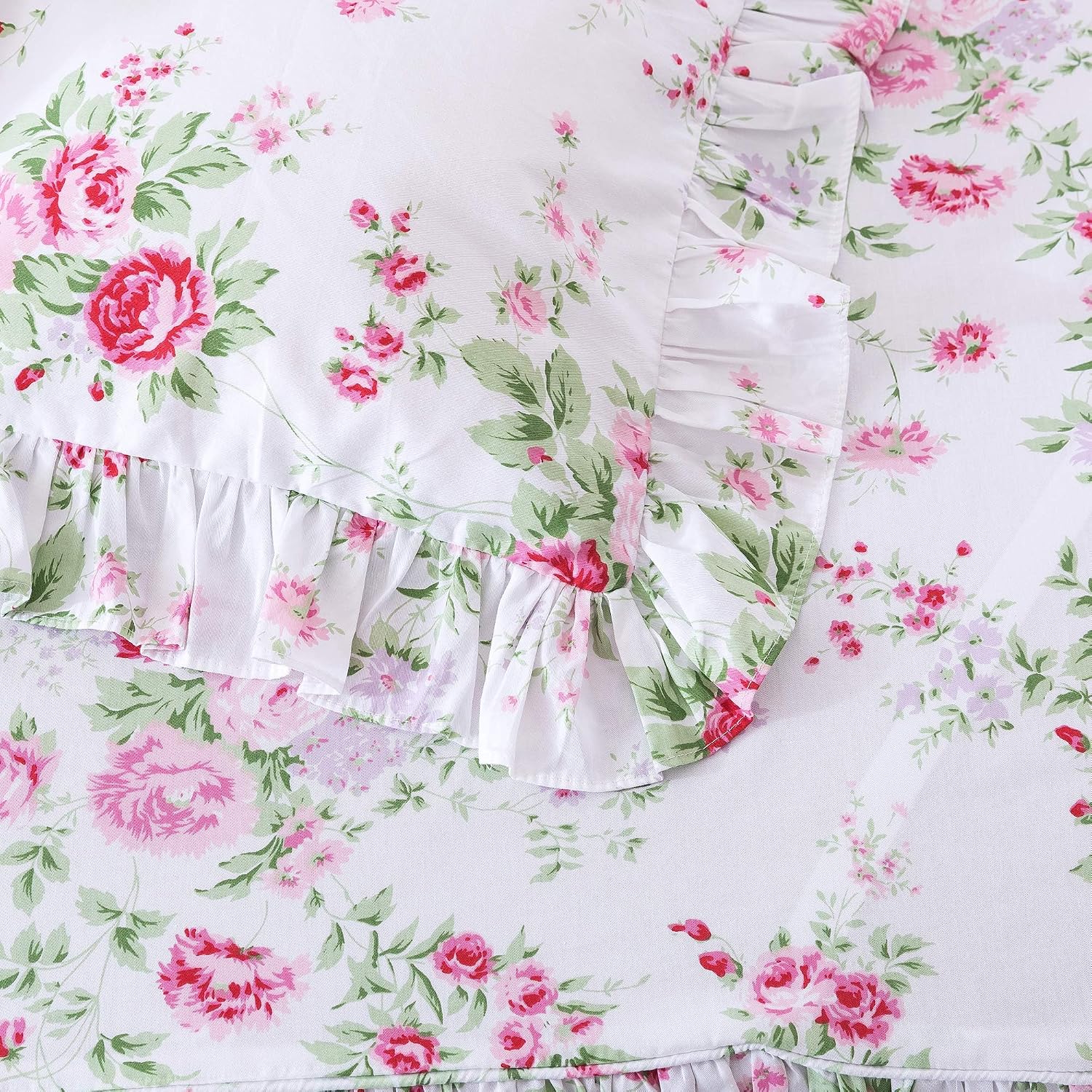 Shabby Pink Rose Lace Ruffled King Pillow Shams Set