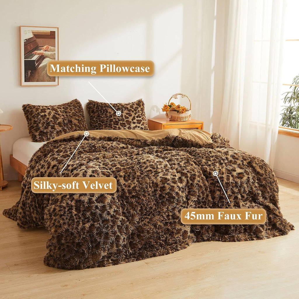 Brown Cheetah Faux Fur Queen Duvet Set