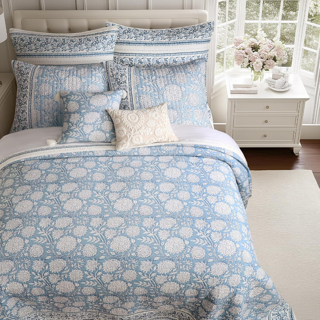 Blue Floral Cotton King Quilt Set