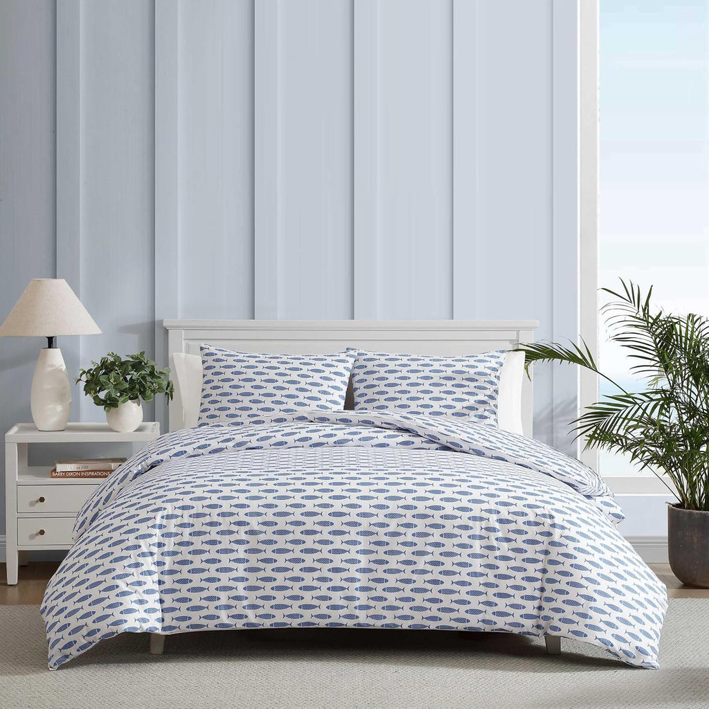 Blue Woodblock Fish Queen Duvet Set