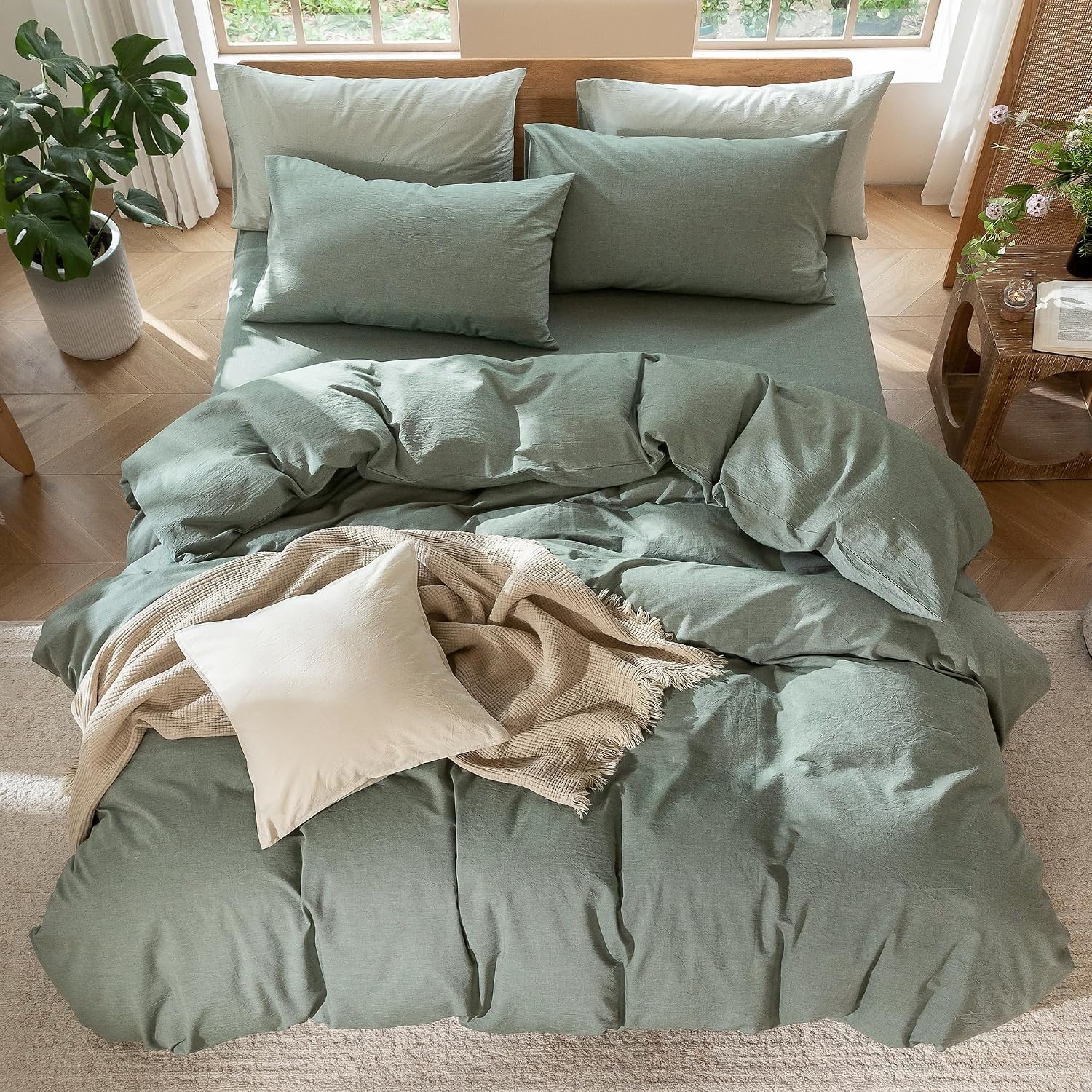 Heathered Green Washed Cotton King Duvet Set