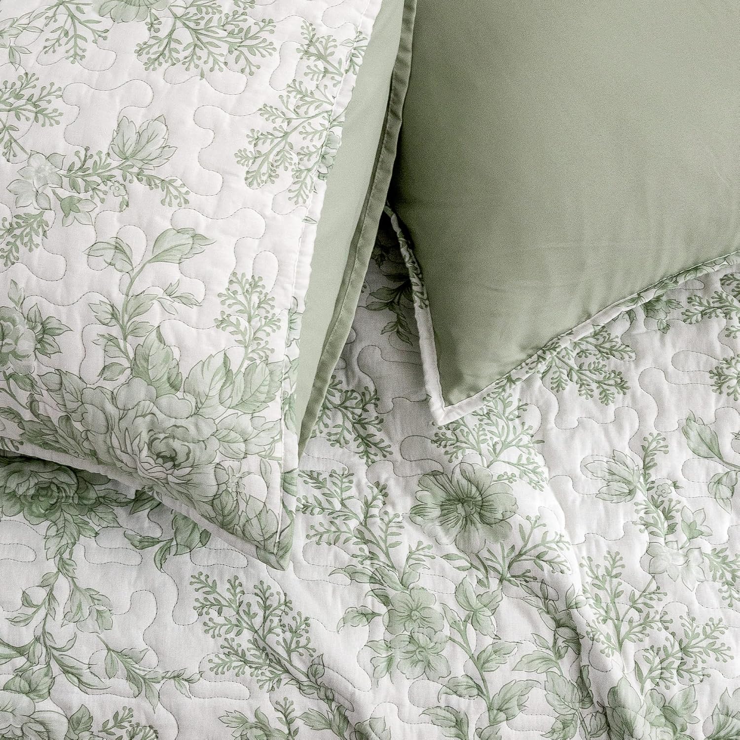 Sage Green Floral Queen Cotton Quilt Set
