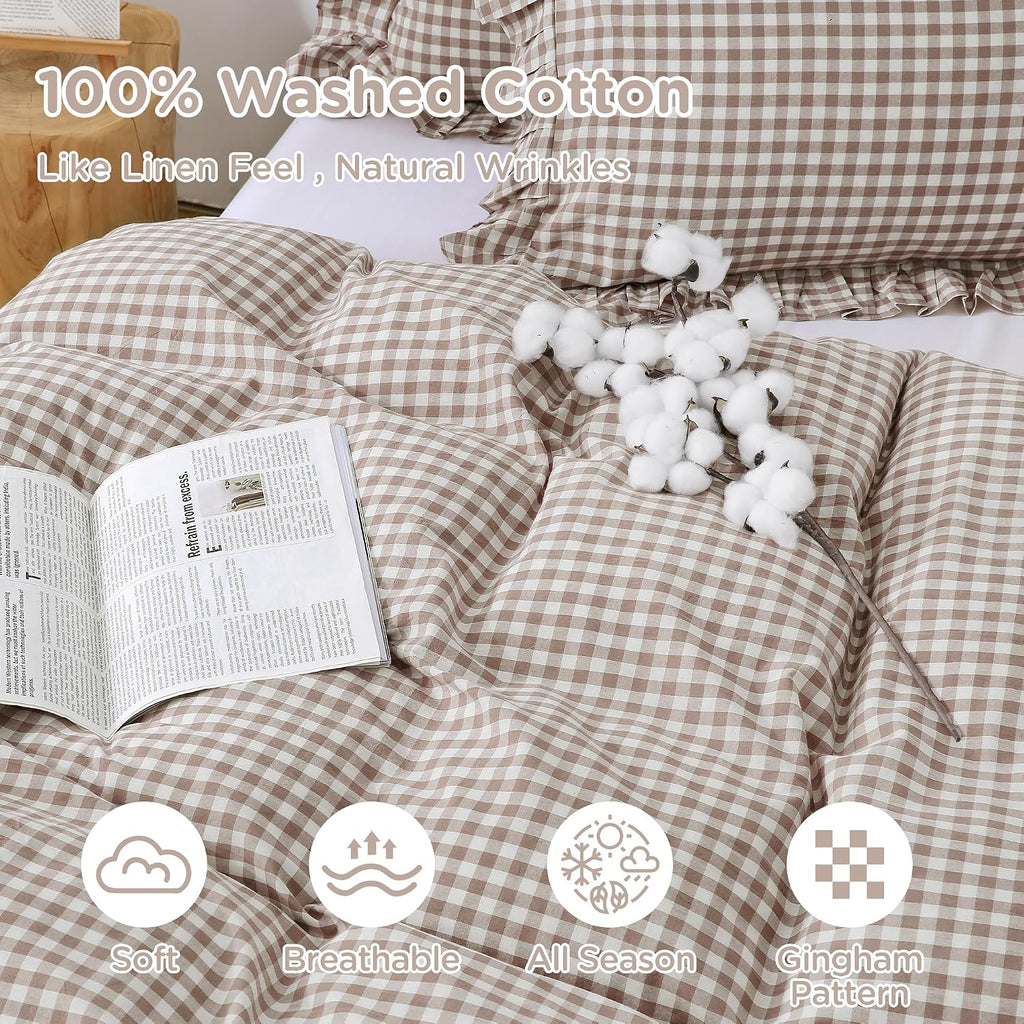 Tan Gingham Ruffle King Duvet Set