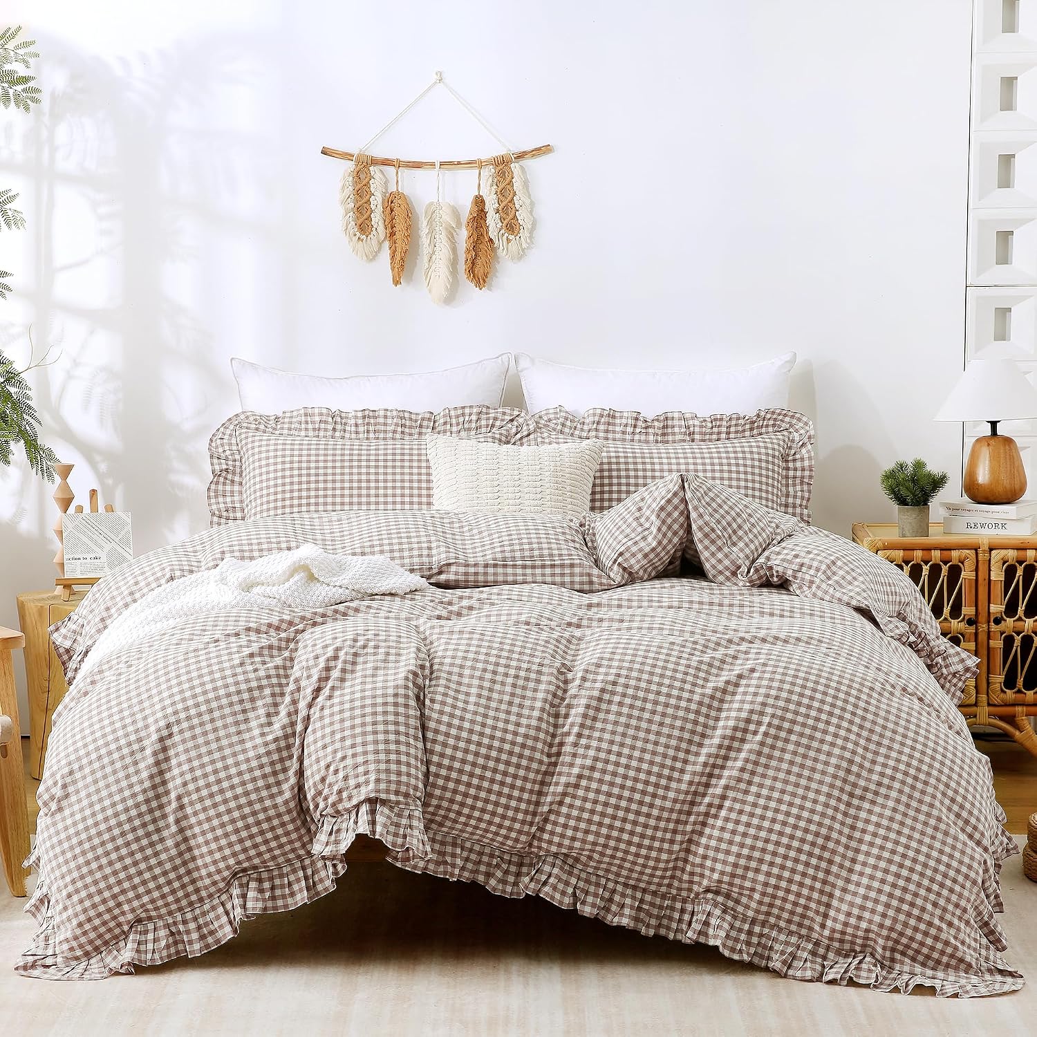 Tan Gingham Ruffle King Duvet Set
