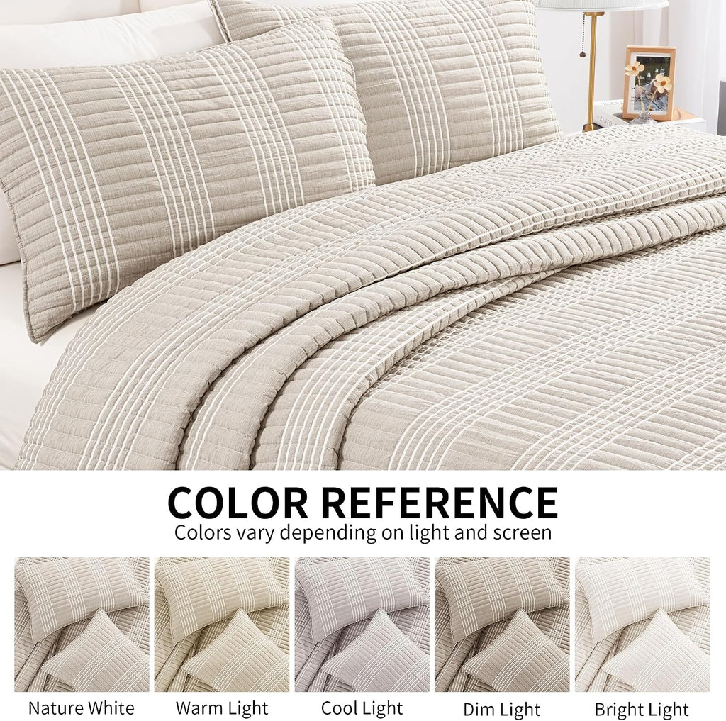 Beige Plaid King Quilt Bedding Set