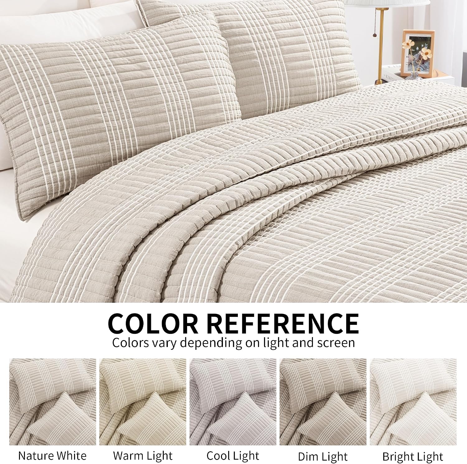 Beige Plaid King Quilt Bedding Set