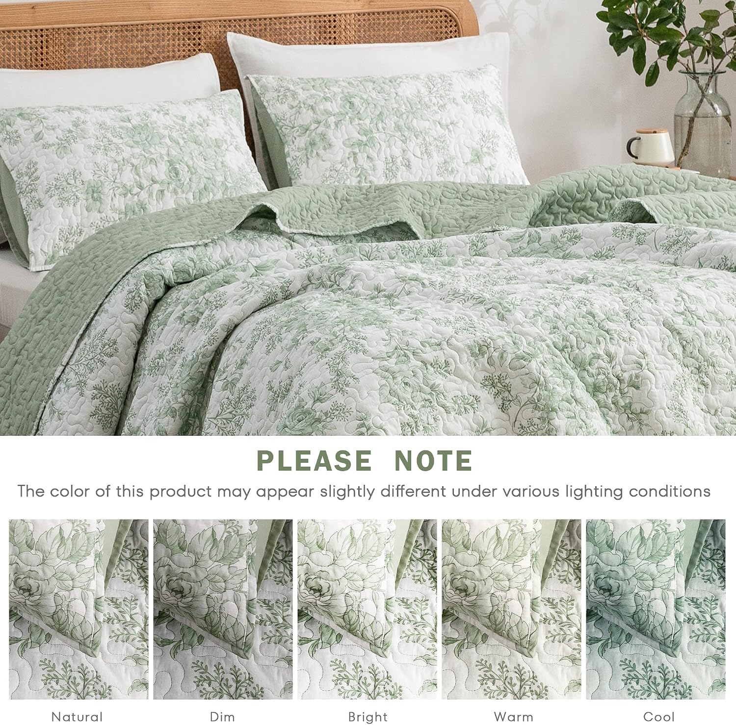 Sage Green Floral Queen Cotton Quilt Set
