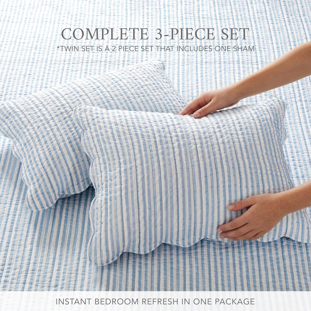 Blue White Stripe Cotton Queen Quilt Set