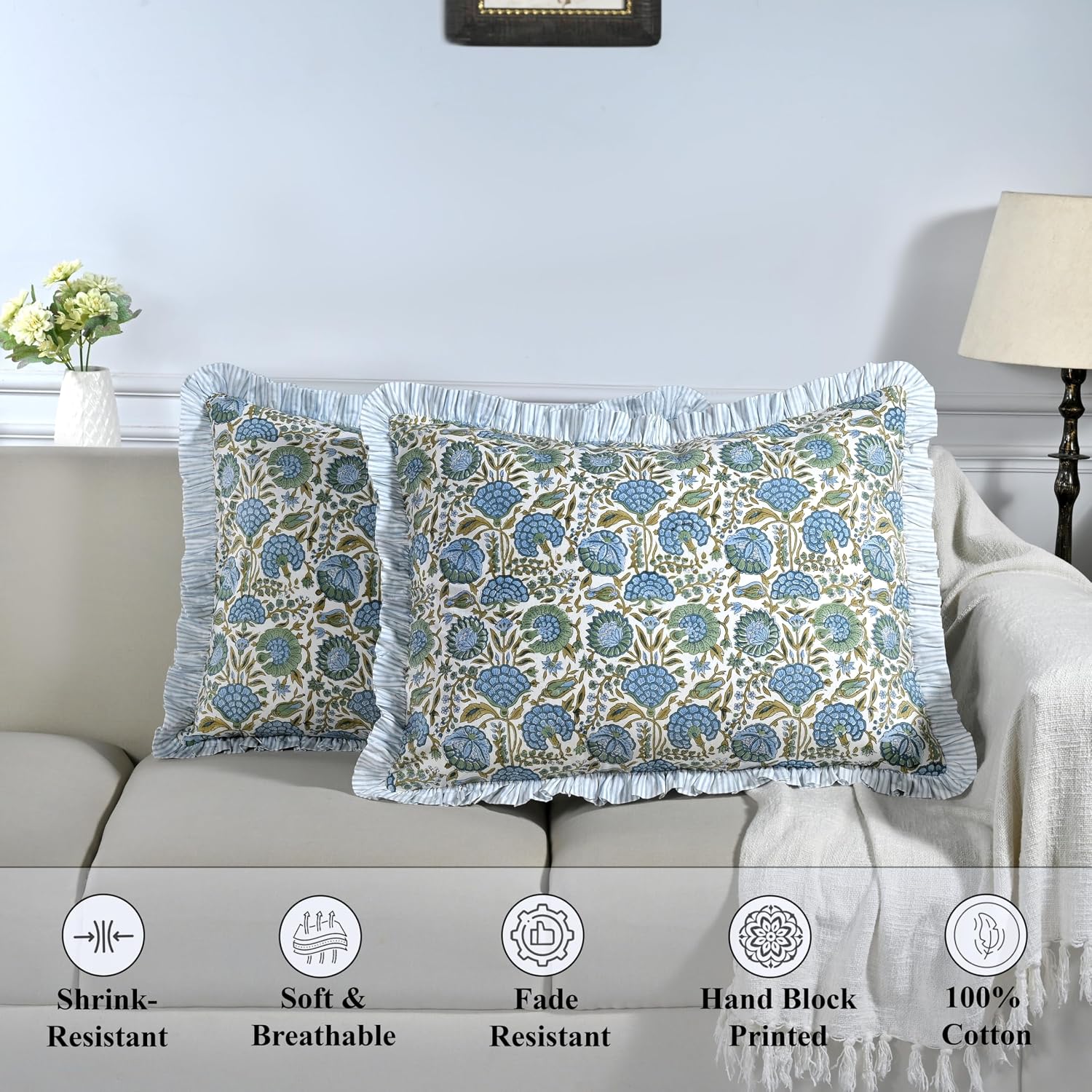 Asparagus Green Ruffled Block Print Standard Pillow Sham