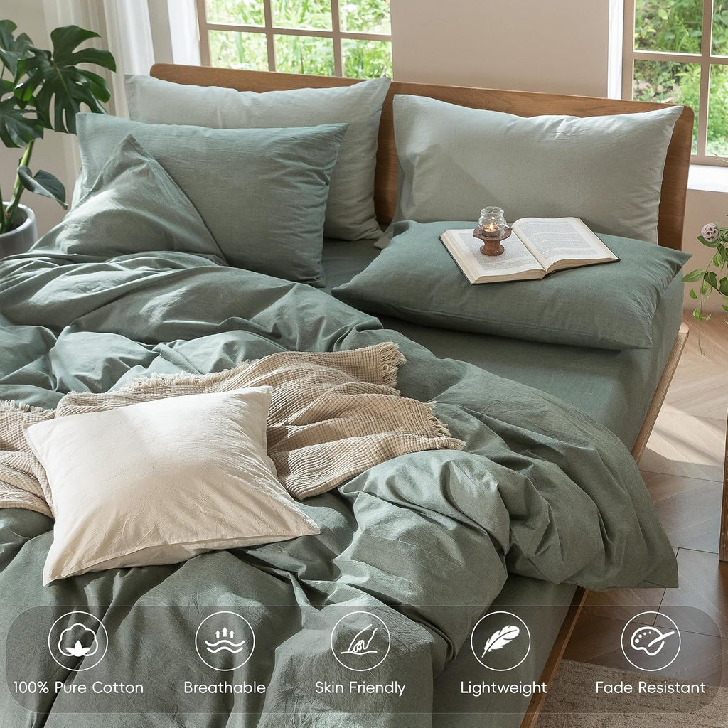 Heathered Green Washed Cotton King Duvet Set