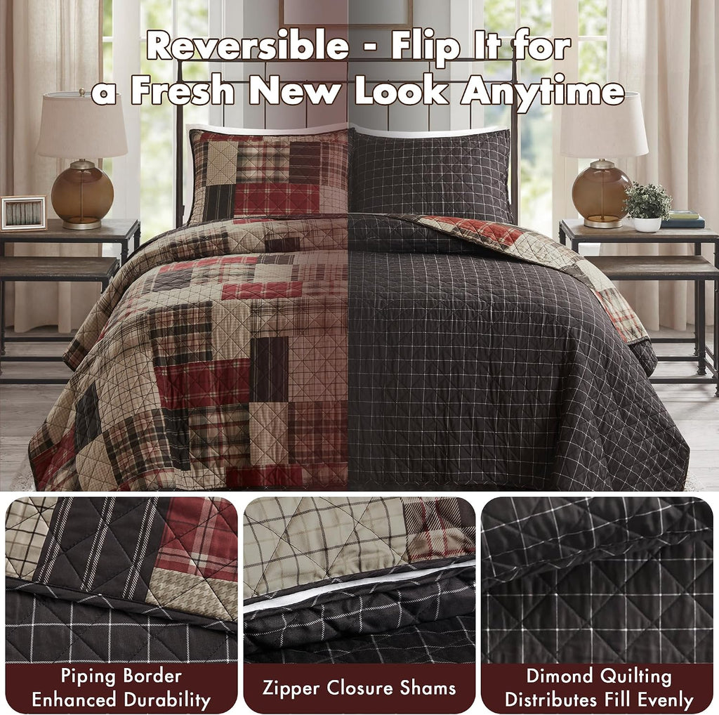 Red Black Patchwork Farmhouse Queen Quilt Set