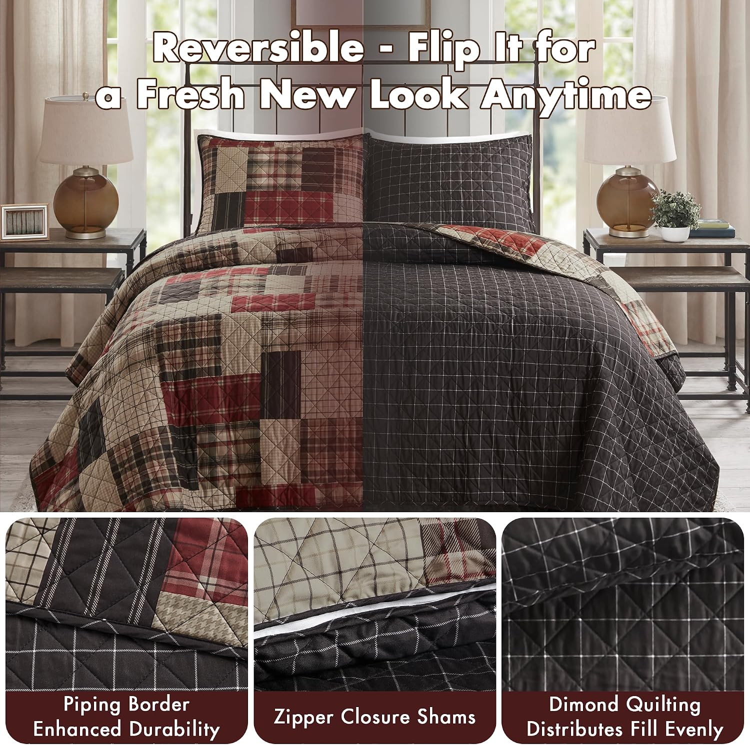Red Black Patchwork Farmhouse Queen Quilt Set