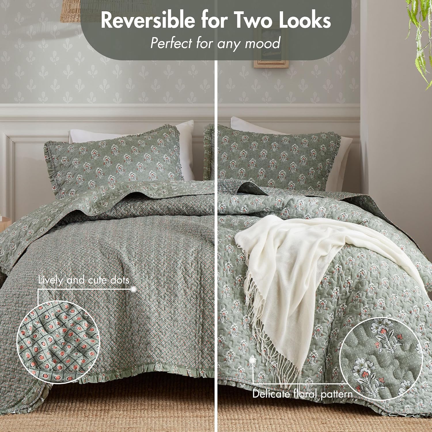 Sage Green Ruffled Vintage Floral King Quilt Set