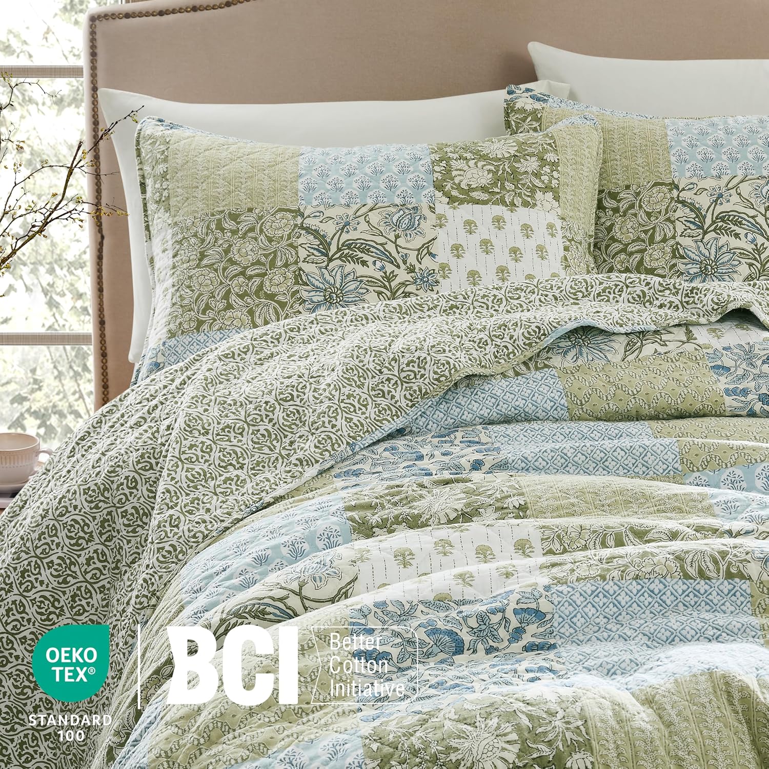 Green Floral Patchwork Queen Cotton Quilt Set