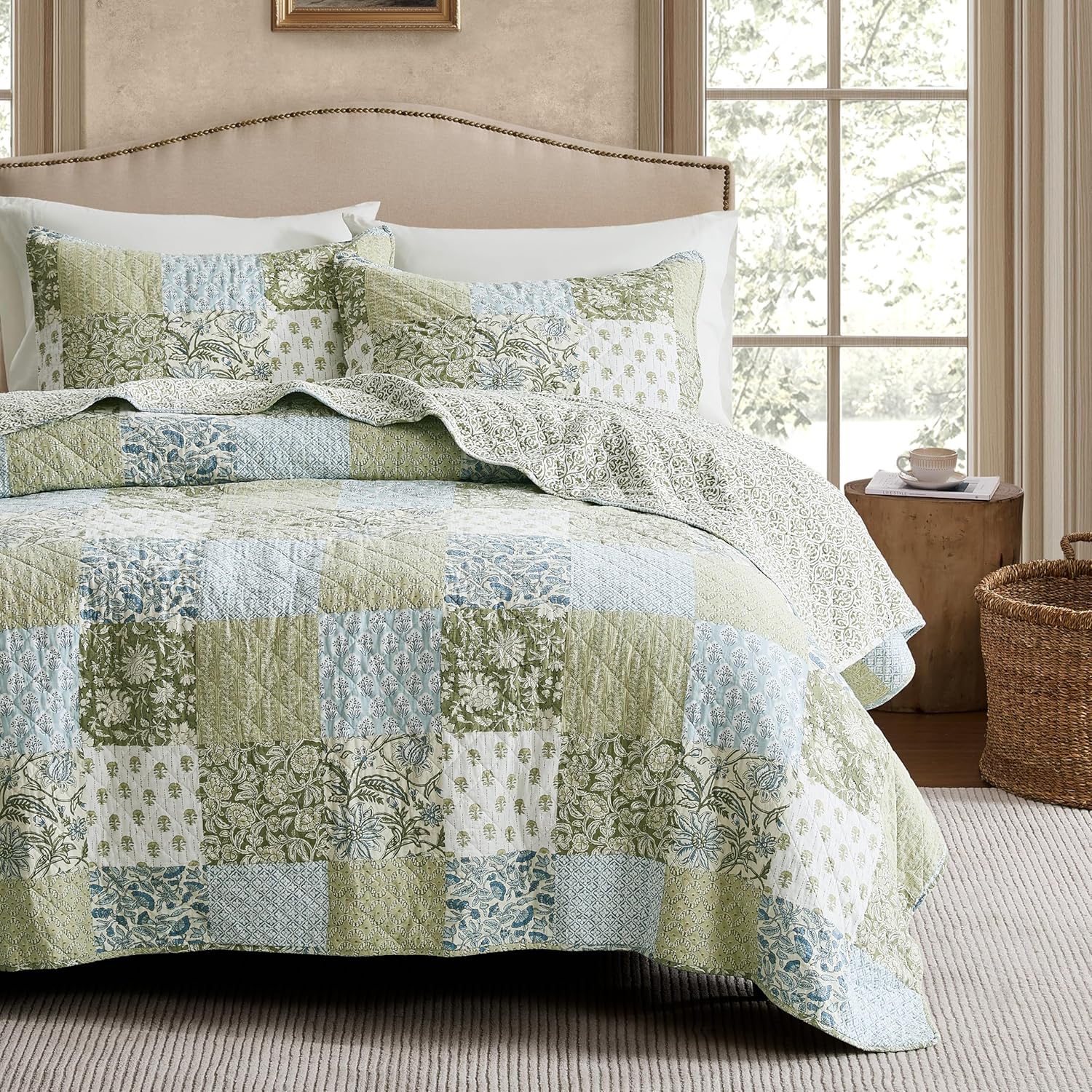 Green Floral Patchwork Queen Cotton Quilt Set